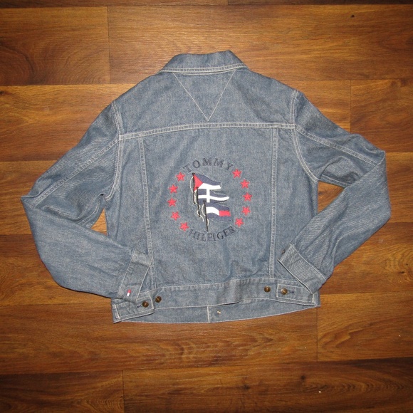 Vtg 90s Tommy Hilfiger Denim Jacket Sz L Flag Lady - Picture 3 of 7